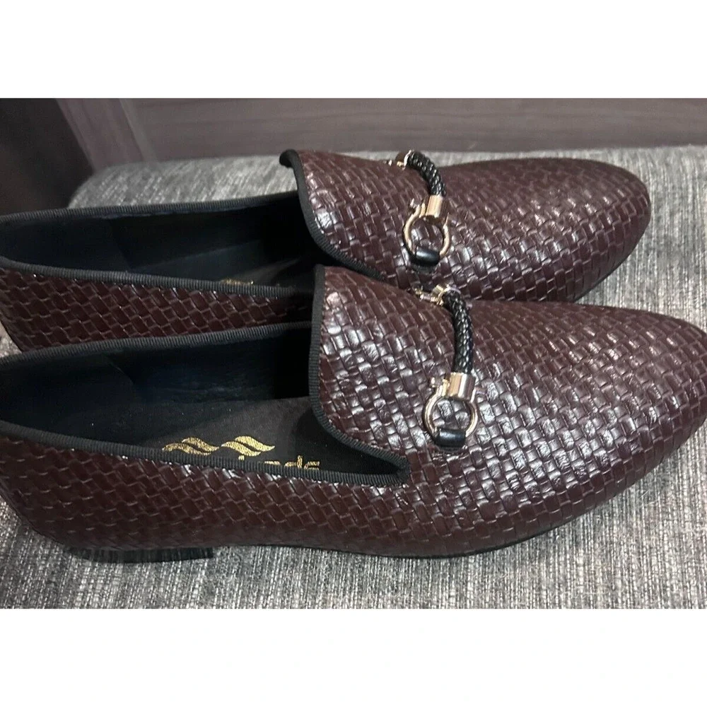 Harpelunde Men Handmade Dress Shoes Buckle Strap Woven Leather Loafers 8.5